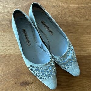 Manolo Blahnik blue suede laser cut flats 39.5 TLC